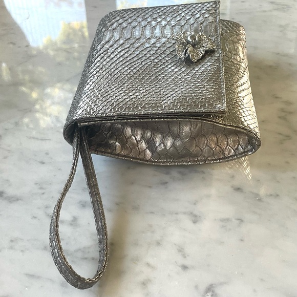 Neiman Marcus Silver Snake-embossed Wristlet, rhinestone & faux pearl accent